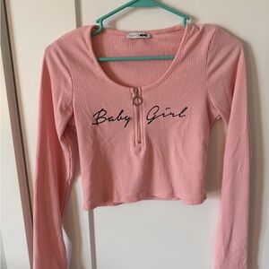 Pink Long Sleeve Crop Top with 'Baby Girl' Print